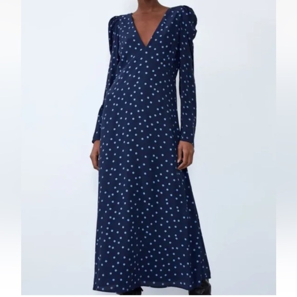Zara Dresses & Skirts - ZARA Midi Maxi Blue Polka Dots Dress puff Long Sleeves Size XS